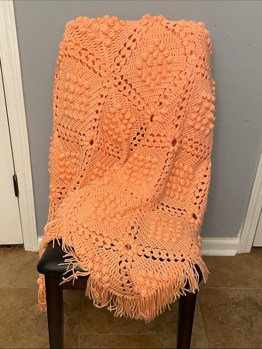 Peach Crochet Knit Throw Blanket Textured Pom-Pom 80s Pastel Vaporware 60x60”